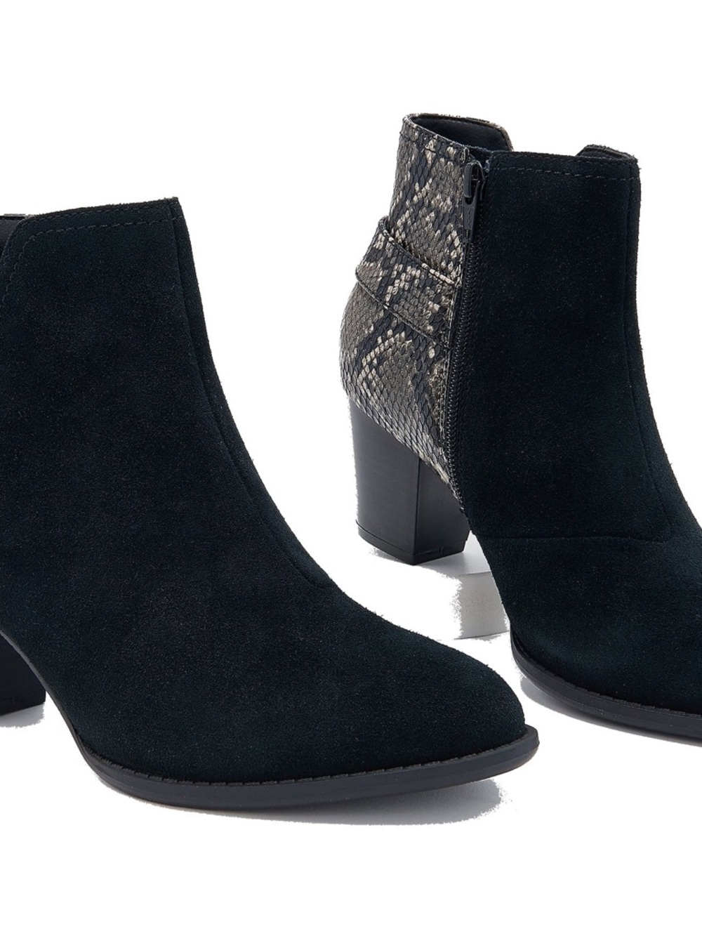 Vionic Black Suede Ankle Boots with Snake-Print Heel Accent